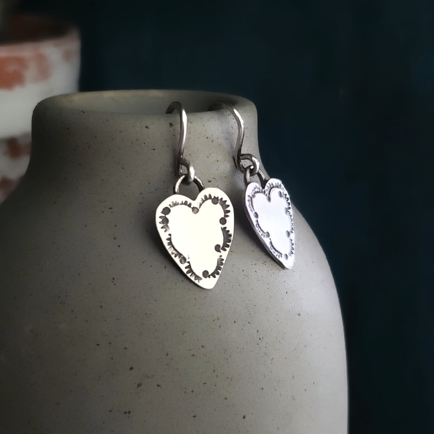 Sterling silver heart earrings with stamping